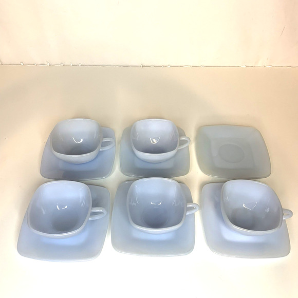 SET 5 FIRE KING AZURE BLUE CHARM AZURITE DELPHITE MILK GLASS SQUARE CUP SAUCERS - Picture 2 of 9